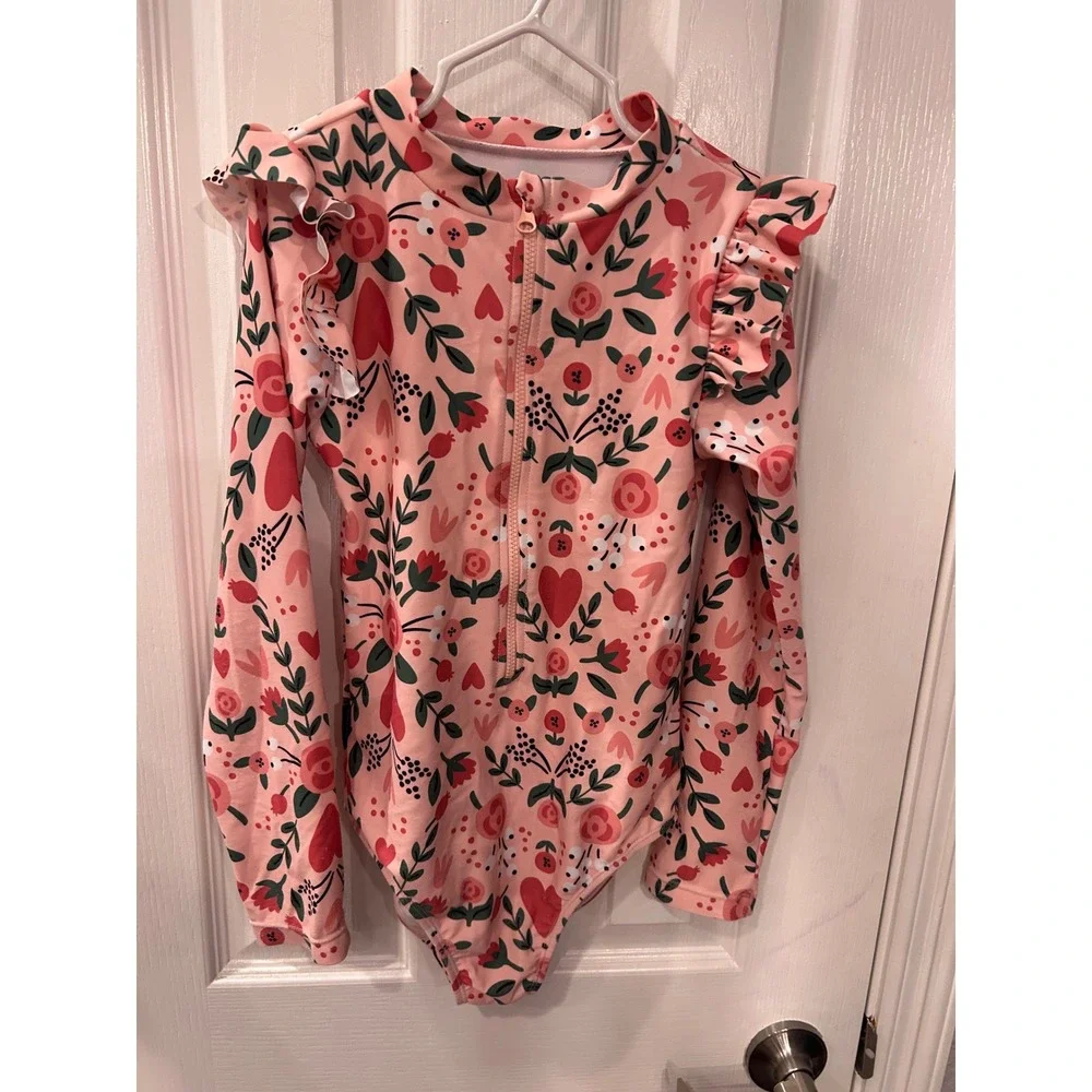Tiny Tribe One‎ Piece Swimsuit Pink Floral Heart Ruffle Rash Guard Swimwear 7